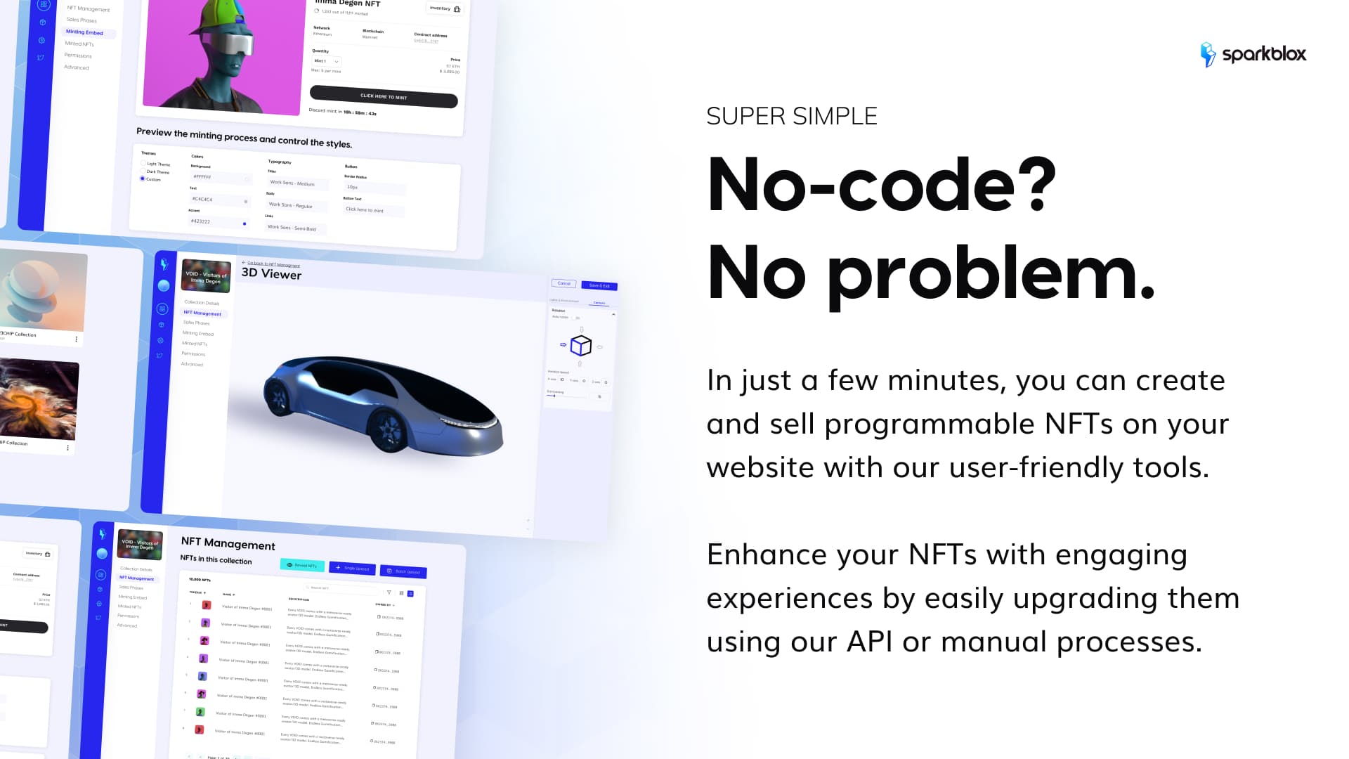 Original Sparkblox product presentation combining the no-code proposition with collection, embed, management, and 3D editing interfaces