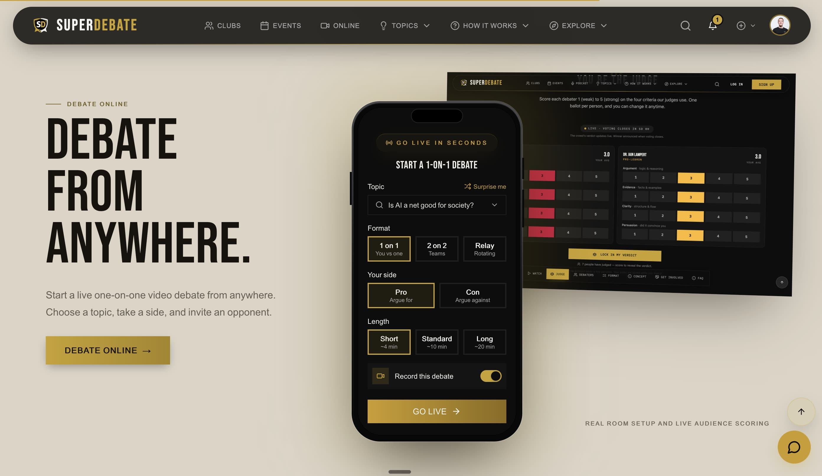 SuperDebate live online product showing debate setup, audience scoring, and a mobile debate configuration