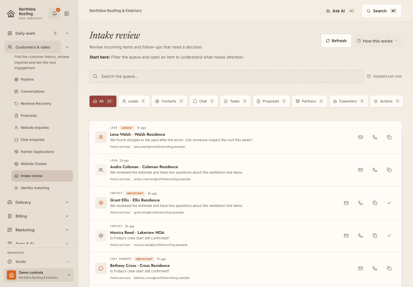 Intake review showing incoming items in the fictional Northline Roofing workspace.