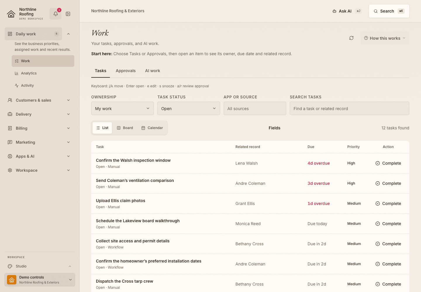 The Work screen in the fictional Northline Roofing workspace, showing the team's task list with ownership and status filters.