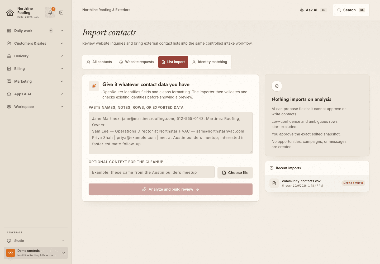 The contact import review screen in a fictional roofing workspace, where pasted rows are matched against existing contacts before they are saved.