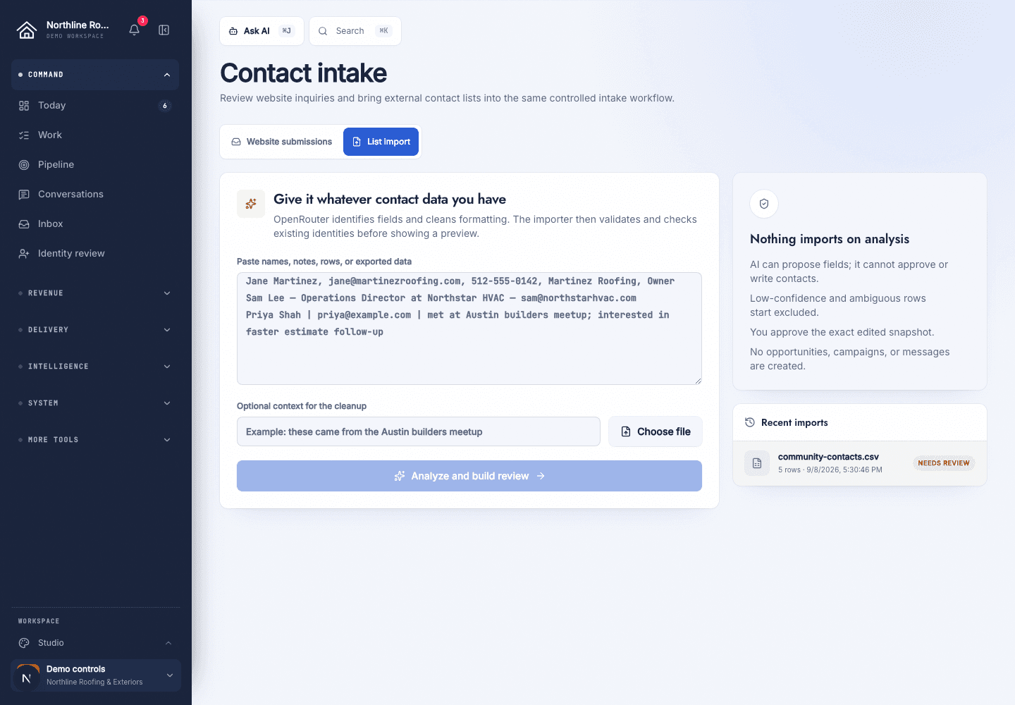 The contact import review screen in a fictional roofing workspace, where pasted rows are matched against existing contacts before they are saved.