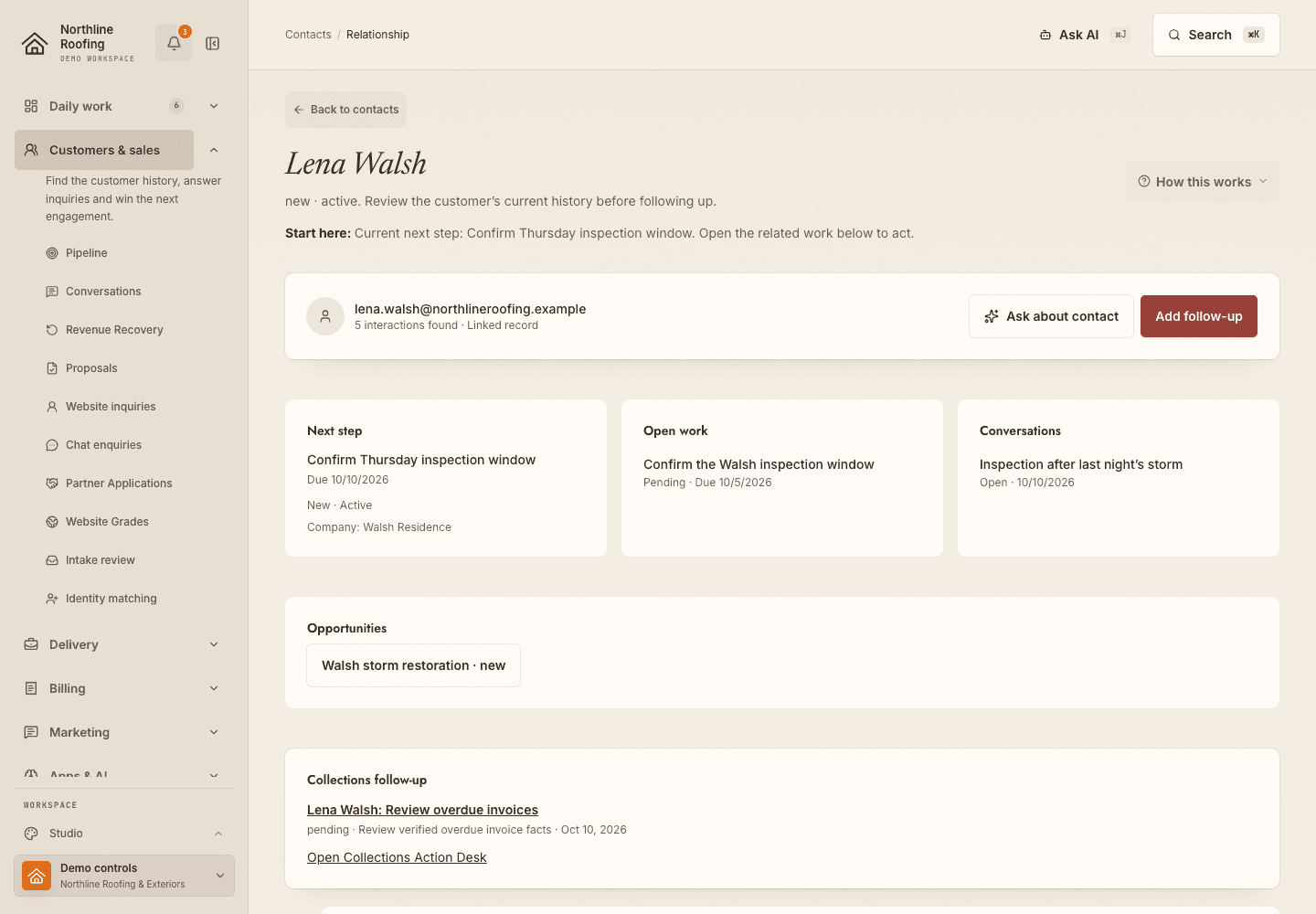 Lena Walsh's fictional contact record, with her next step, open work and conversations above the timeline.