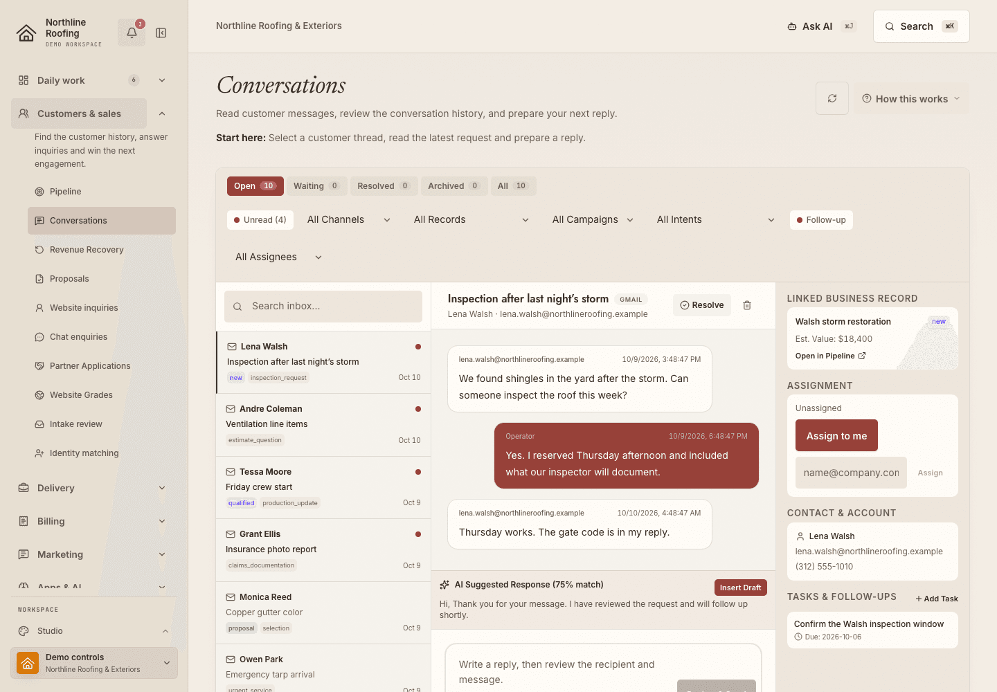 Conversations, the source context for a customer follow-up in the fictional Northline Roofing workspace.