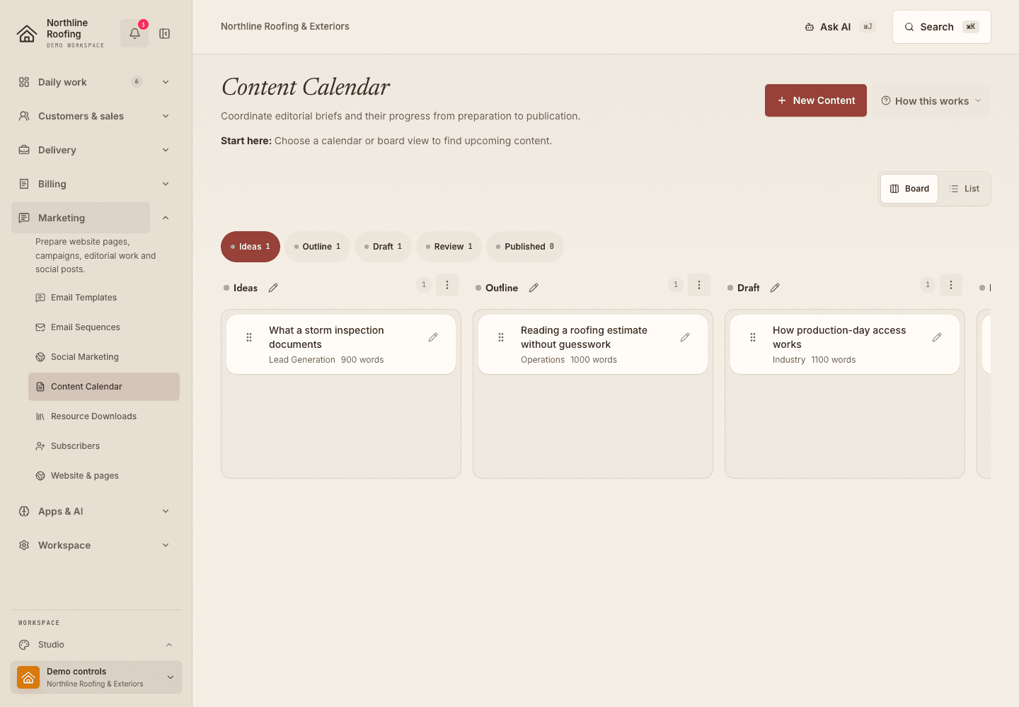 The Content screen in the fictional Northline Roofing workspace, showing editorial briefs on a publishing calendar.