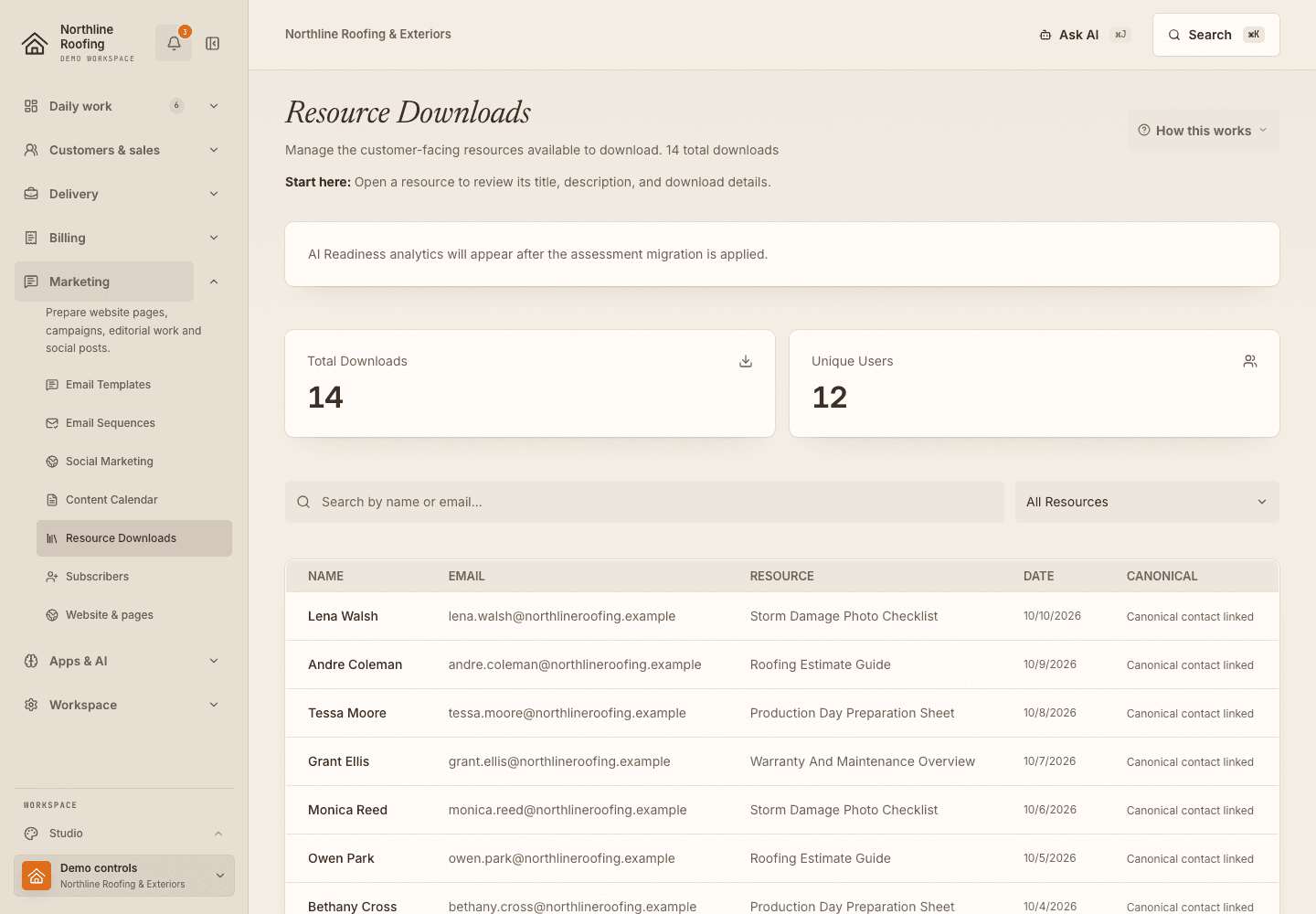 The Resource Downloads screen in the fictional Northline Roofing workspace.