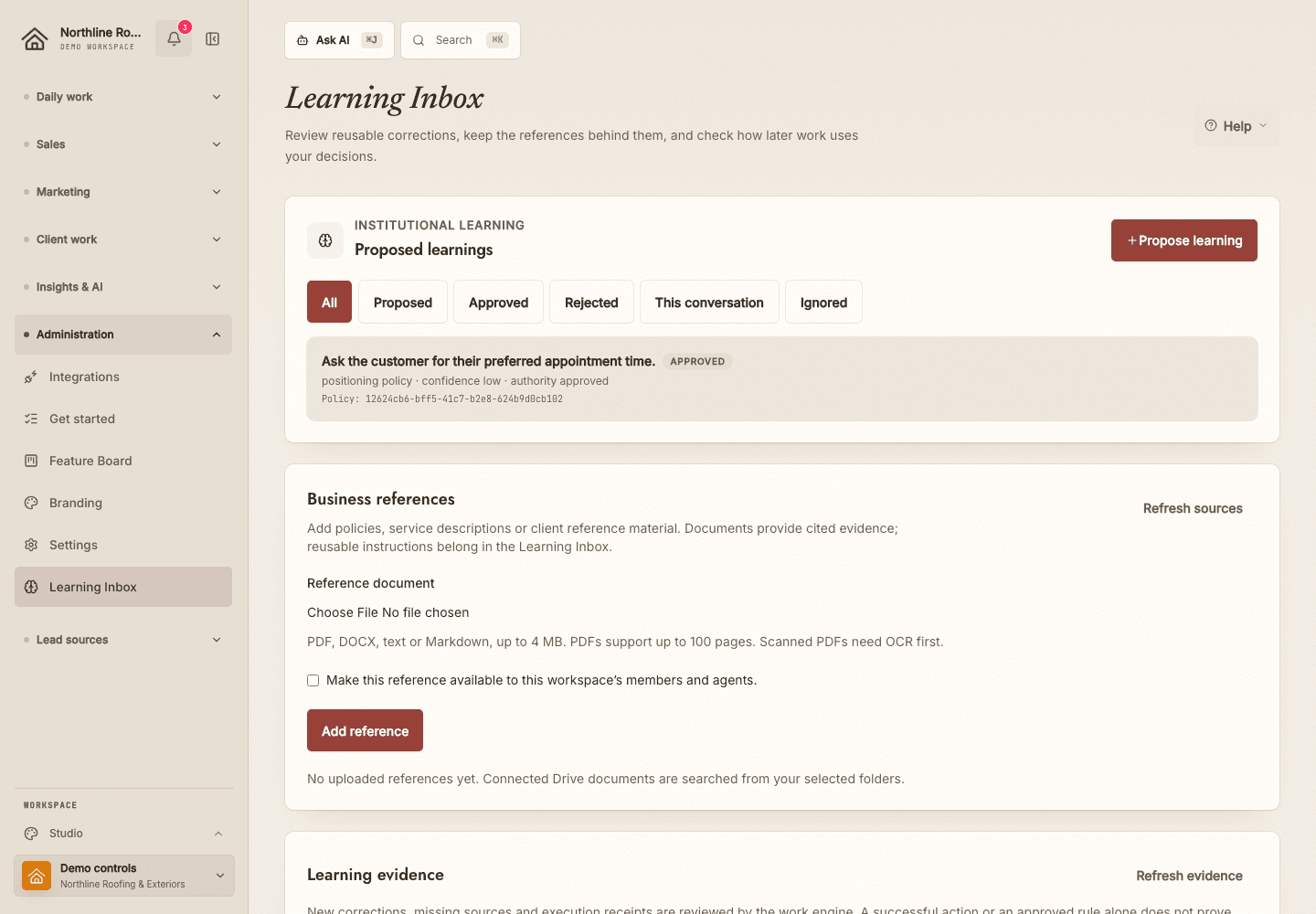 Learning Inbox, ready for a proposed reusable correction in the fictional Northline Roofing workspace.