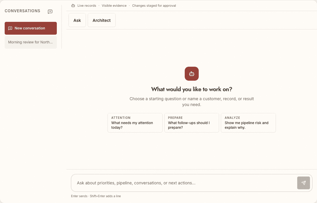 AI Workspace, where a question can be followed through its run history in the fictional Northline Roofing workspace.