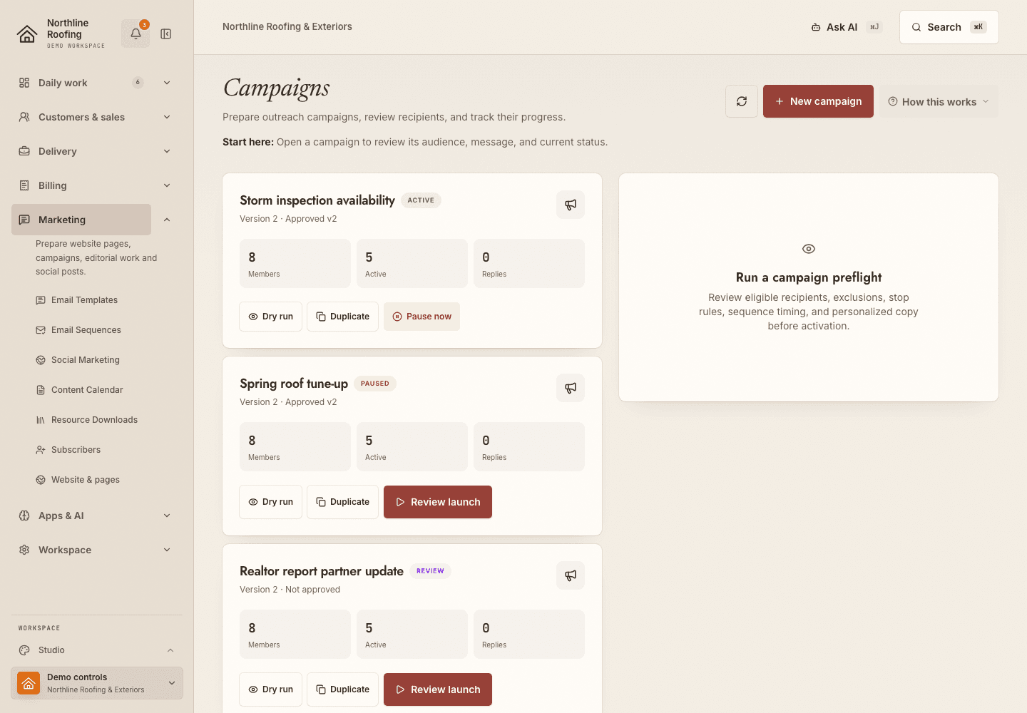 The Campaigns screen in the fictional Northline Roofing workspace, showing active, paused, and in-review campaigns.