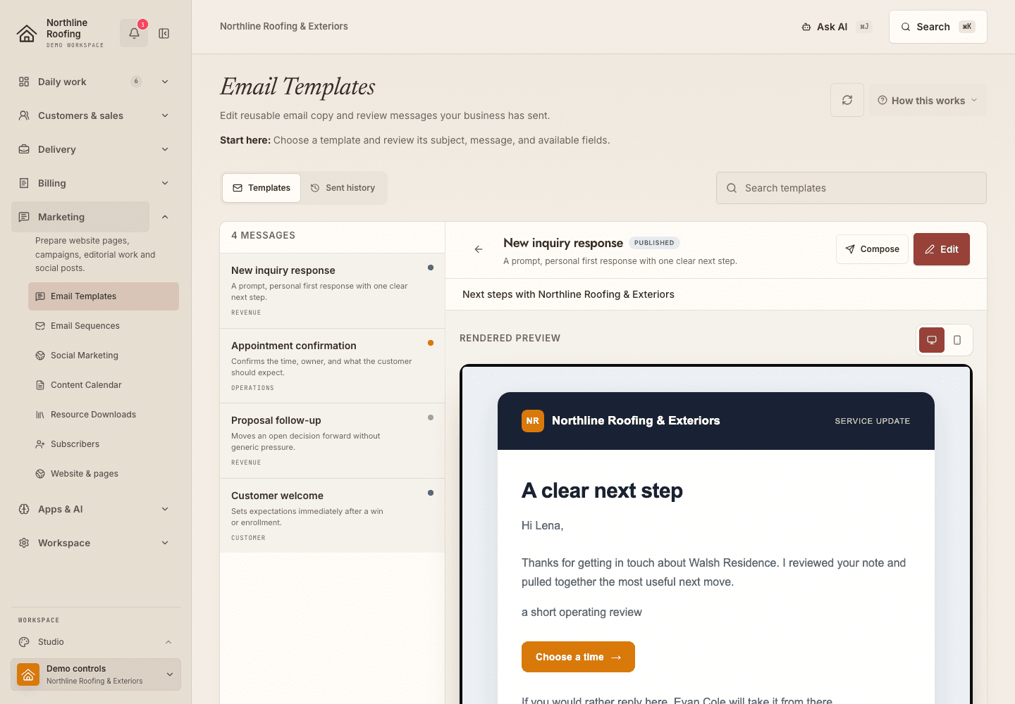 Email Studio in the fictional Northline Roofing workspace.