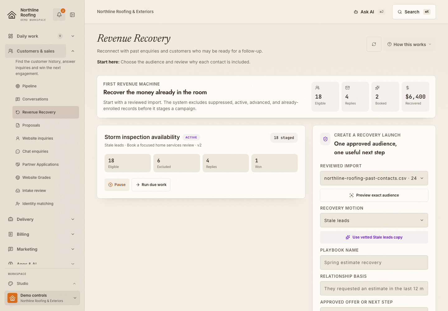 The Revenue Recovery screen in the fictional Northline Roofing workspace, showing past opportunities worth another conversation.