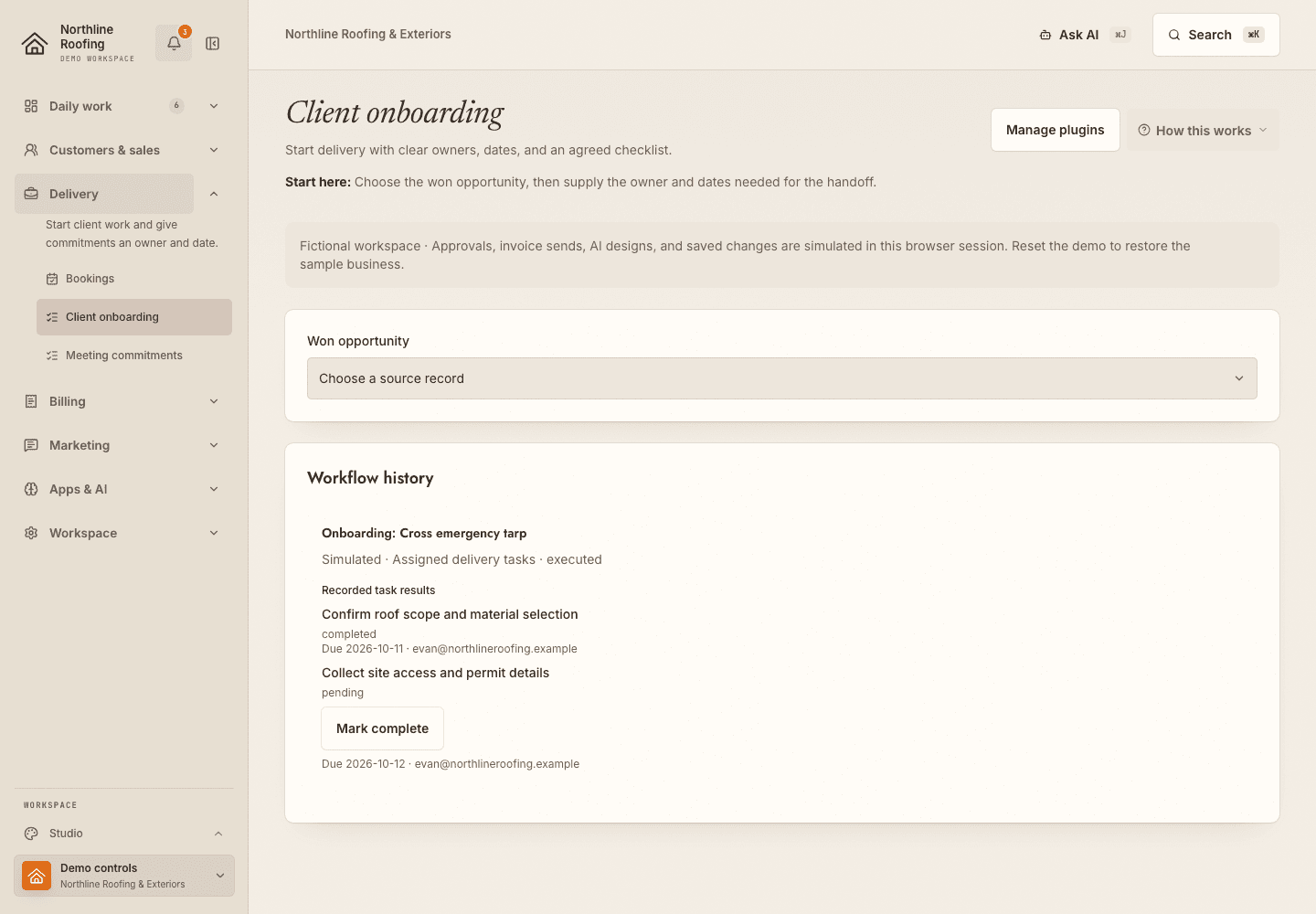 Client onboarding showing a fictional checklist and source opportunity.