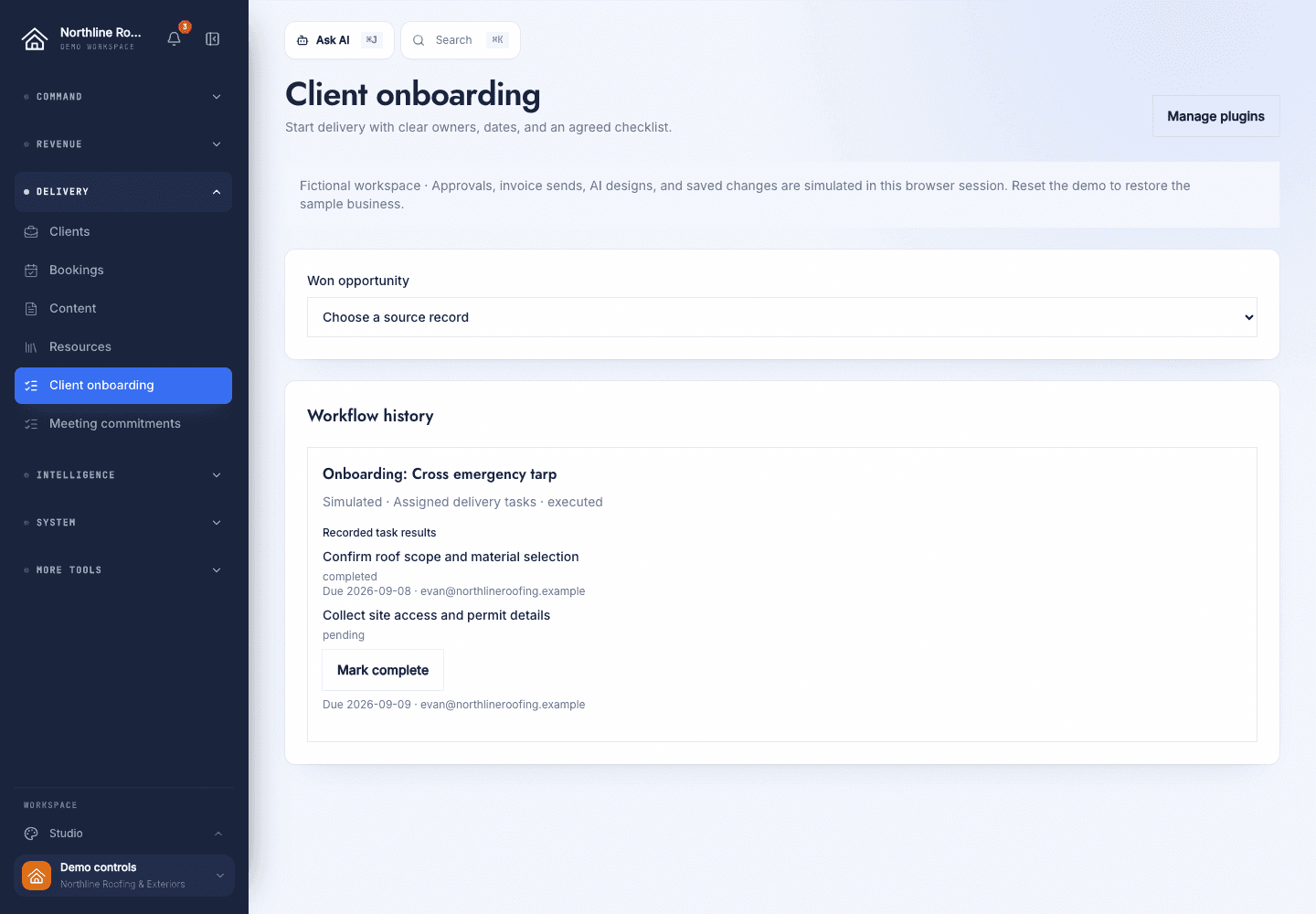 Client onboarding showing a fictional won opportunity and assigned task history.