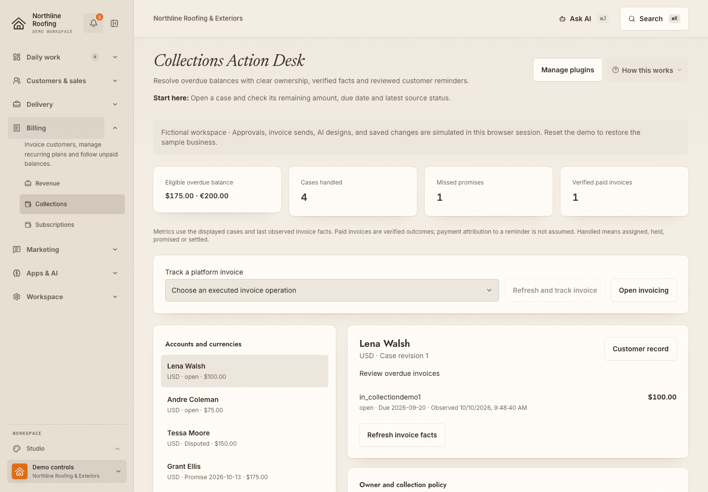 Collections showing fictional invoice evidence and customer follow-up.