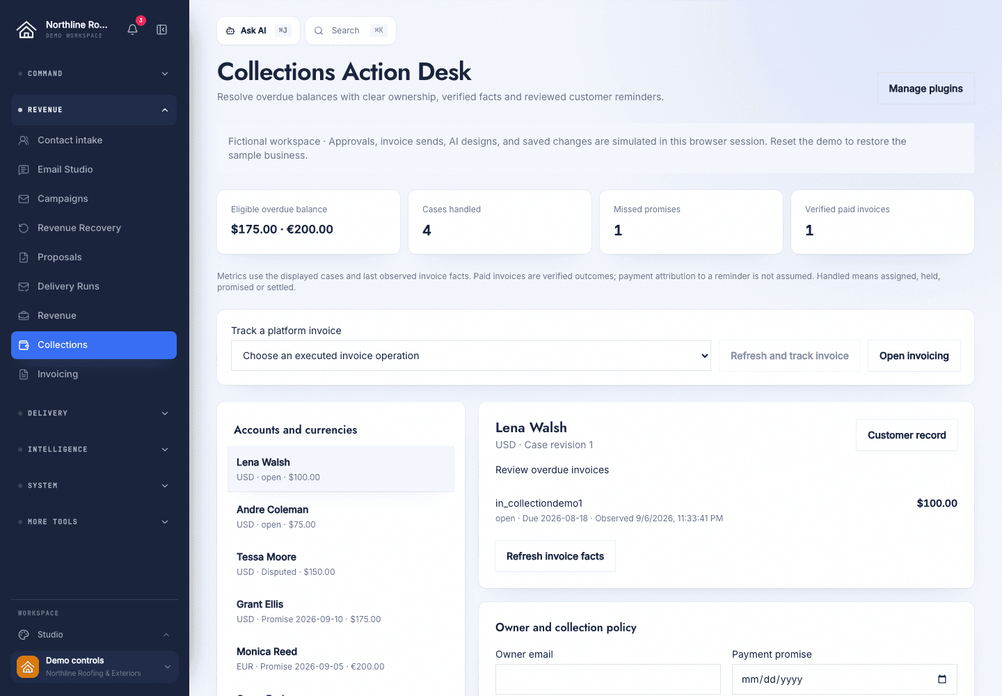 Collections in the fictional roofing workspace, with currency balances and linked customer cases.