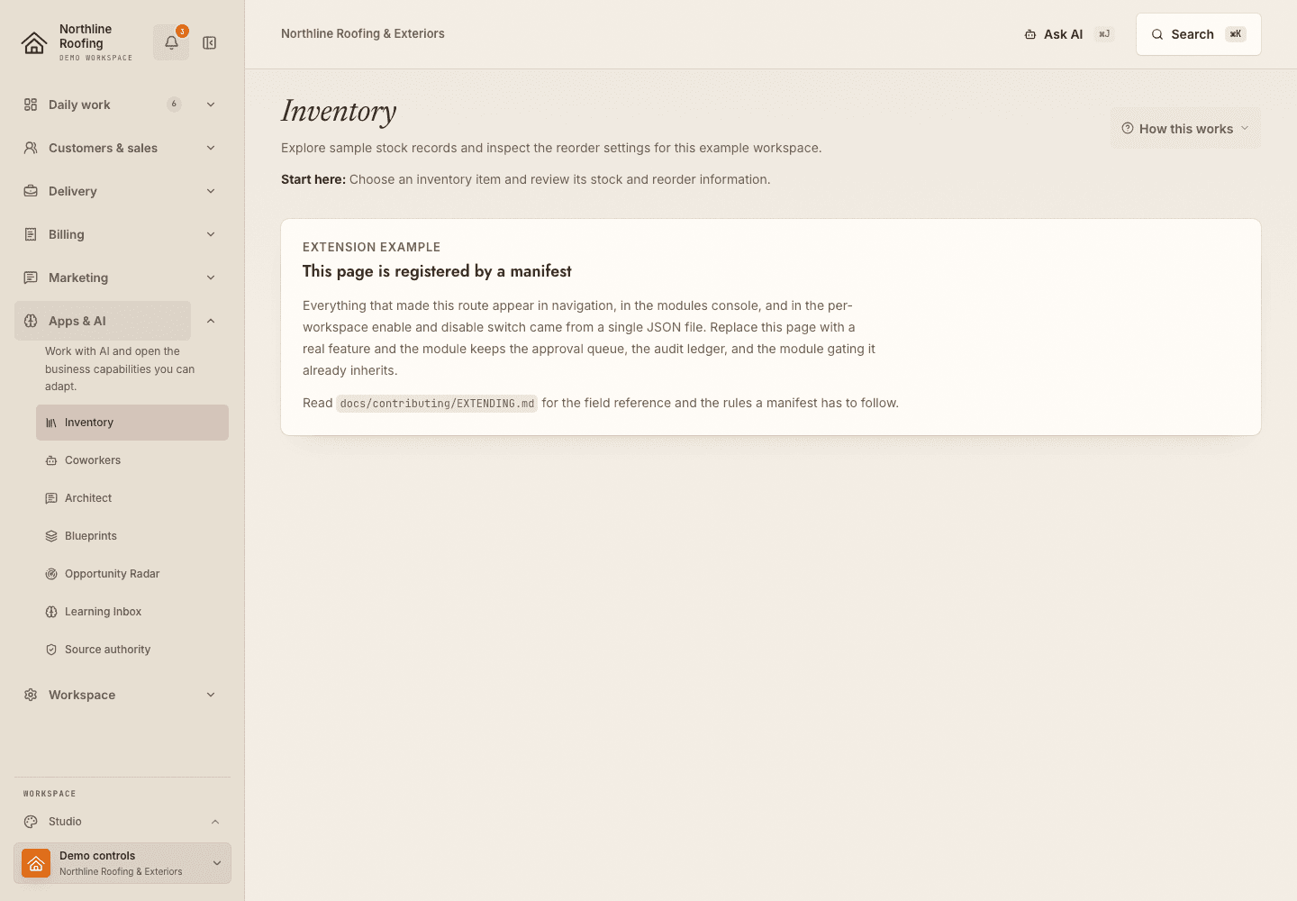 The Inventory registration example page in the fictional Northline Roofing workspace, showing its explanatory placeholder.