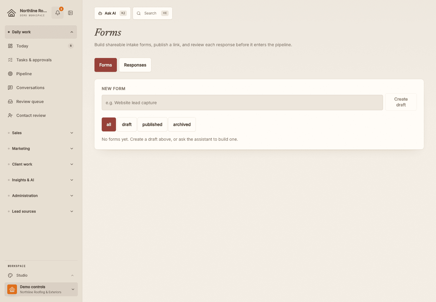 Forms, ready to create a draft and review responses in the fictional Northline Roofing workspace.