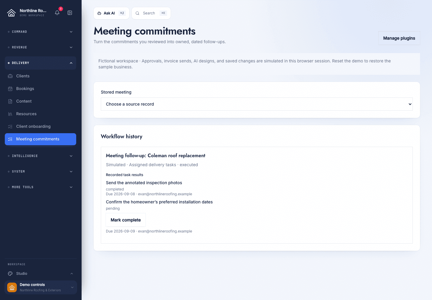 Meeting commitments showing a fictional meeting follow-up and its assigned tasks.