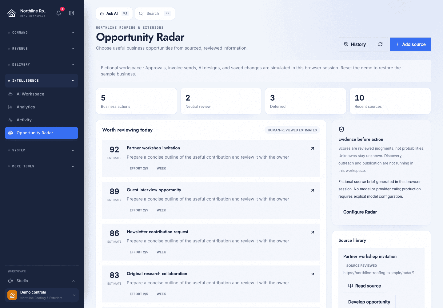 Opportunity Radar in the fictional Northline Roofing workspace, showing reviewed business opportunities and source context.