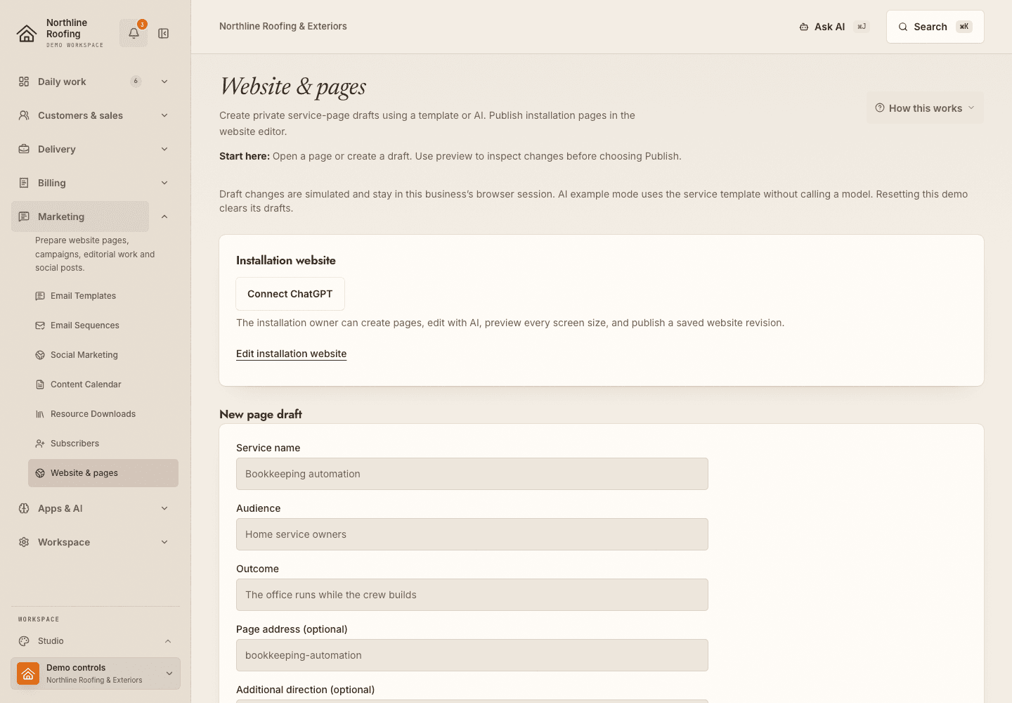 Site Studio, with the website editor entry point and private page drafts in the fictional Northline Roofing workspace.