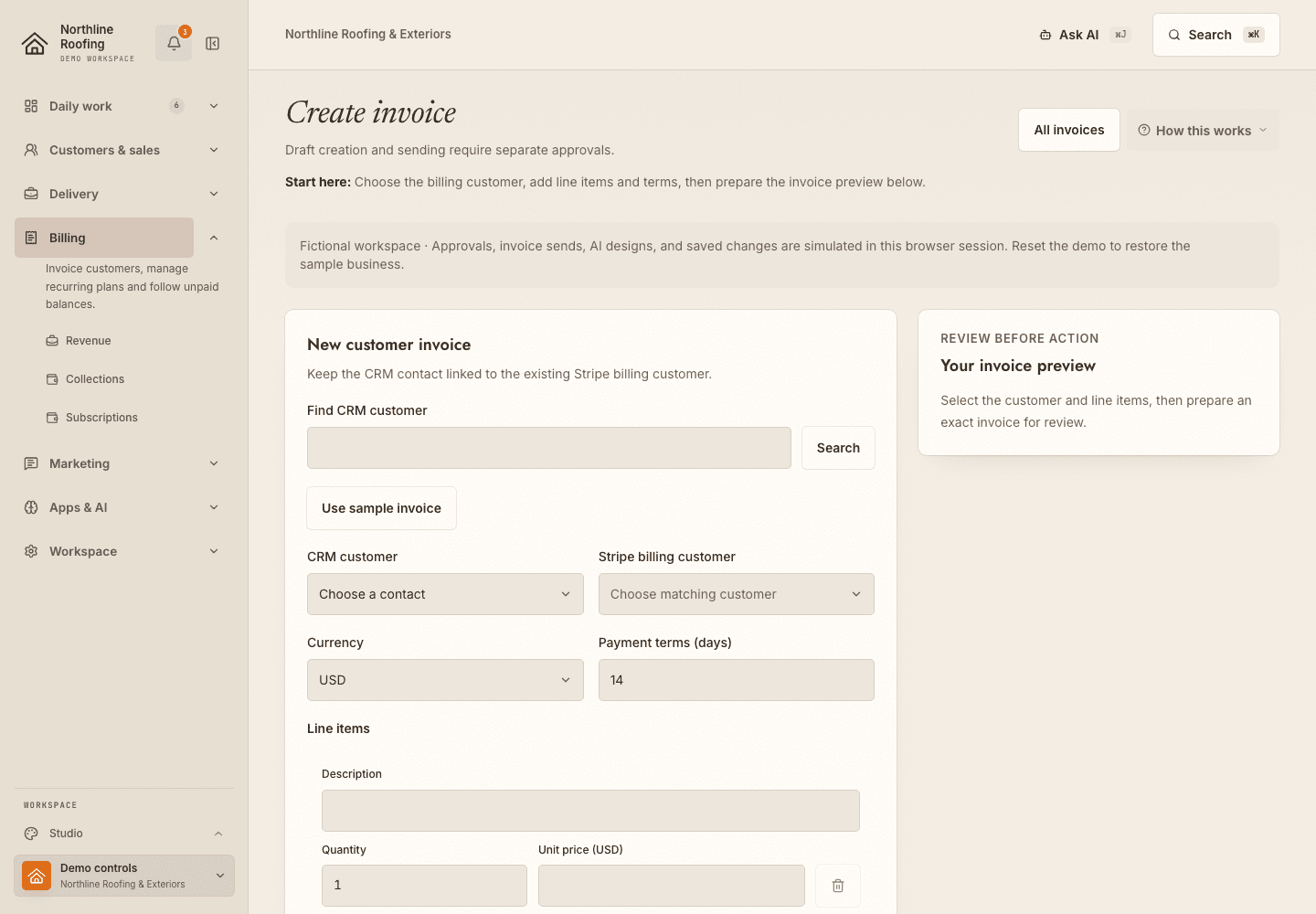 The Stripe invoicing screen in the fictional Northline Roofing workspace, showing a new customer invoice form and its preview.
