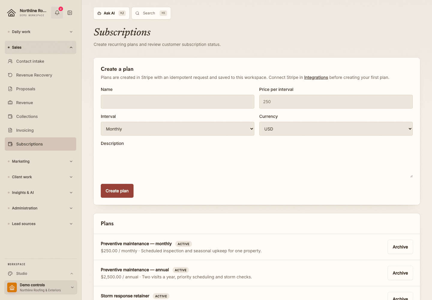Subscriptions, with recurring plan creation and existing sample plans in the fictional Northline Roofing workspace.