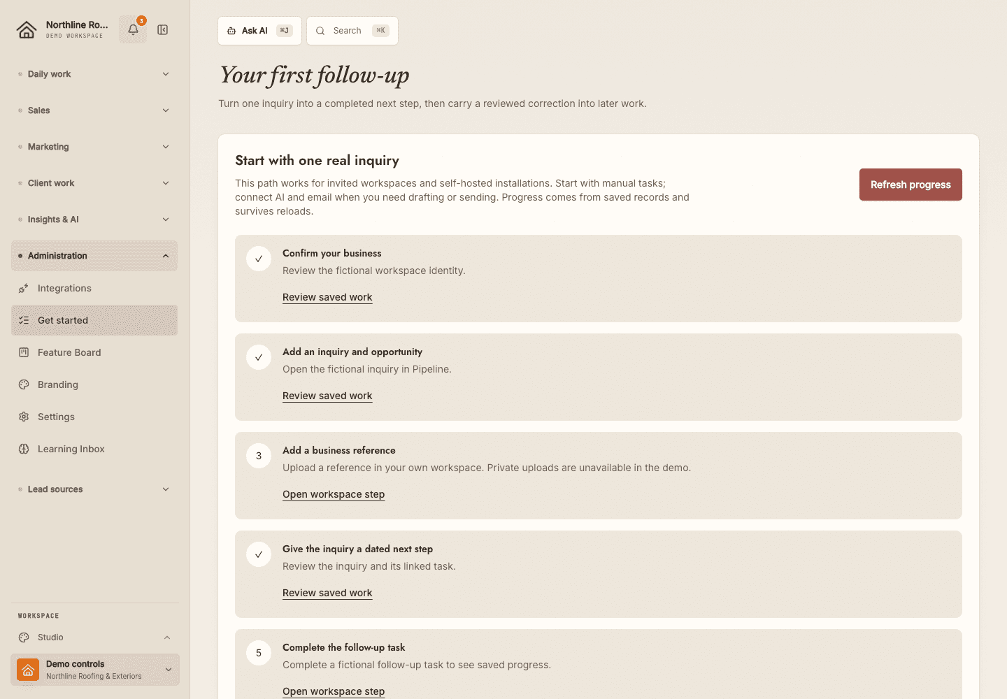 Get started checklist showing saved progress in the fictional Northline Roofing workspace.