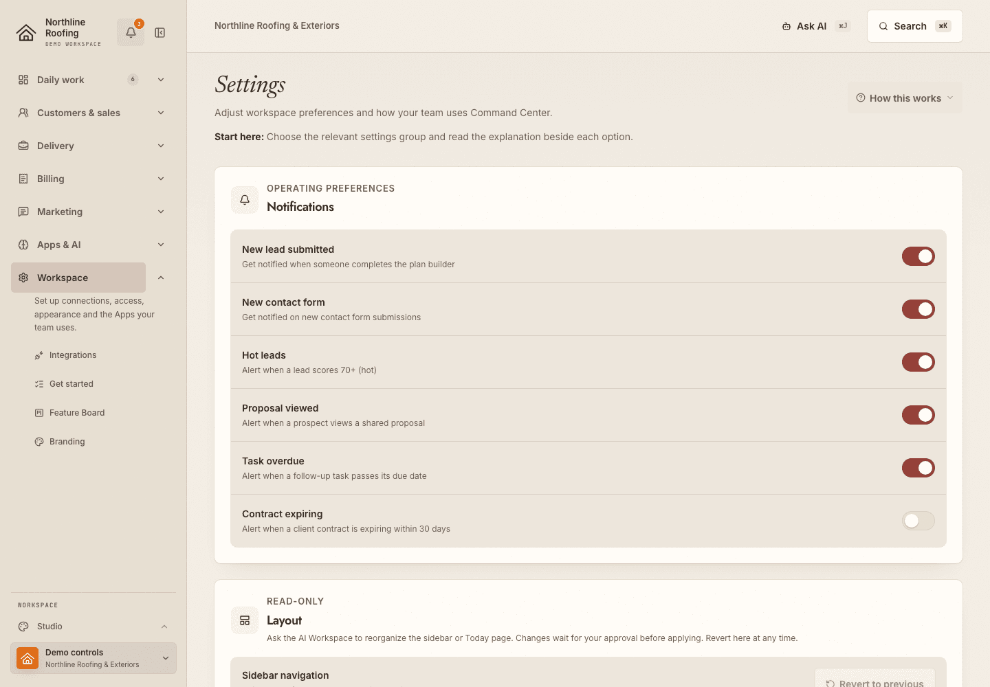 Settings in the selected workspace in the fictional Northline Roofing workspace.
