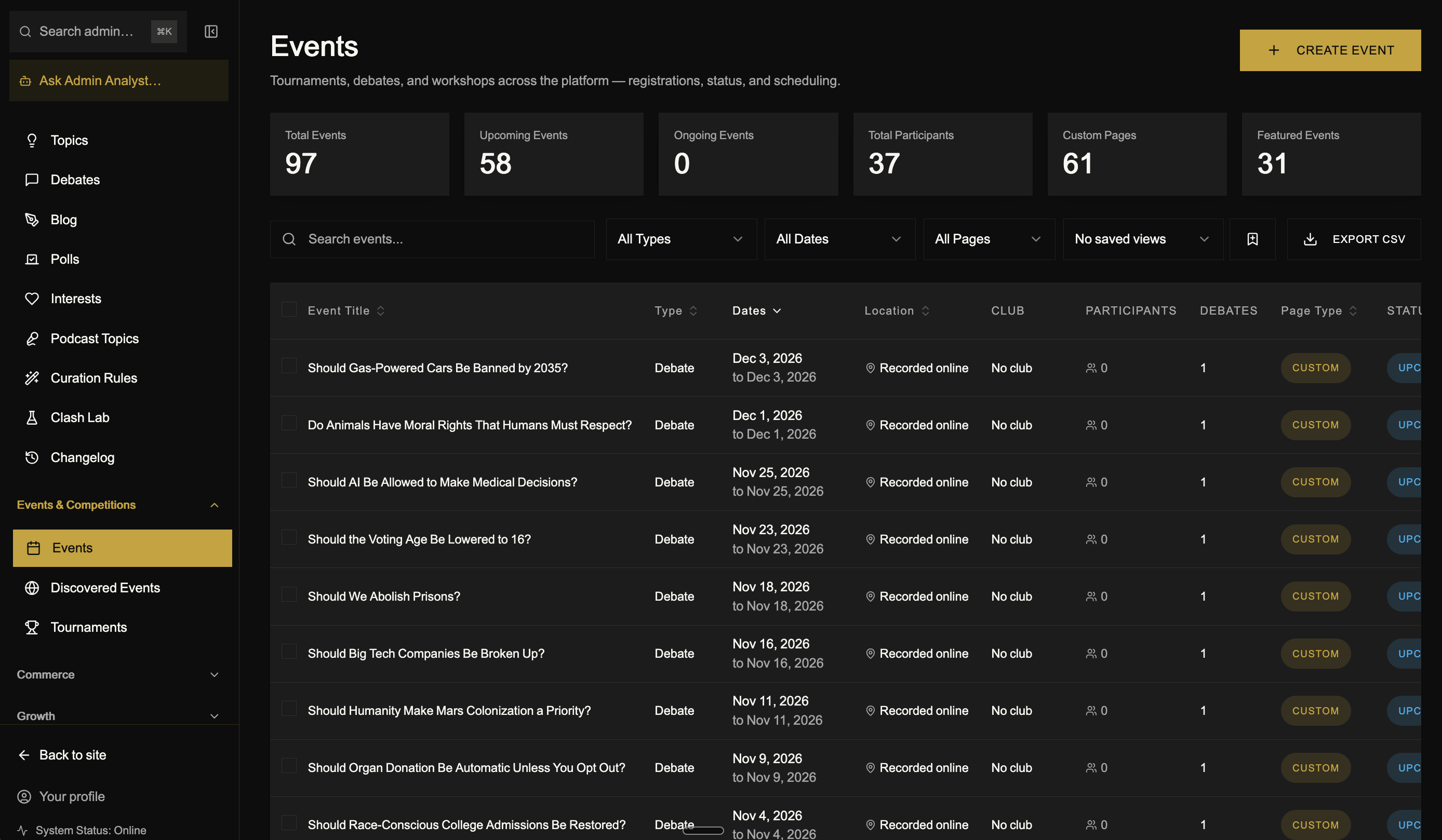SuperDebate command center events workspace showing debate scheduling, registrations, filters, and page status