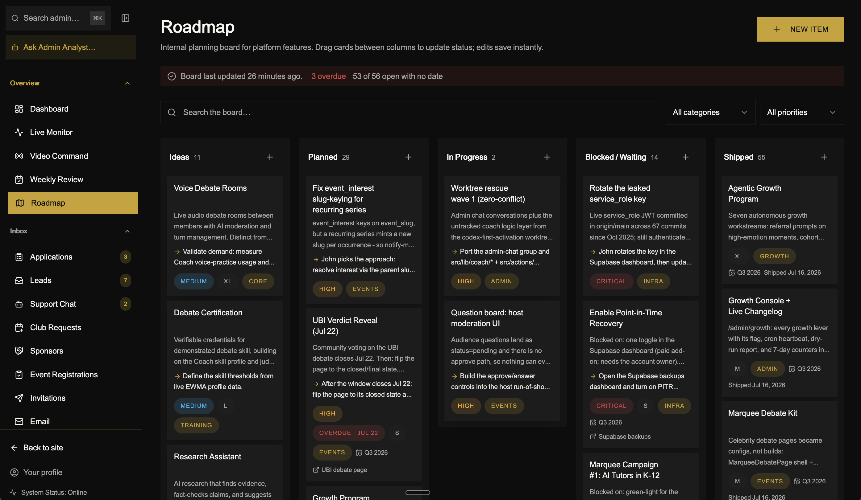 SuperDebate command center roadmap showing ideas, planned work, work in progress, blockers, and shipped items