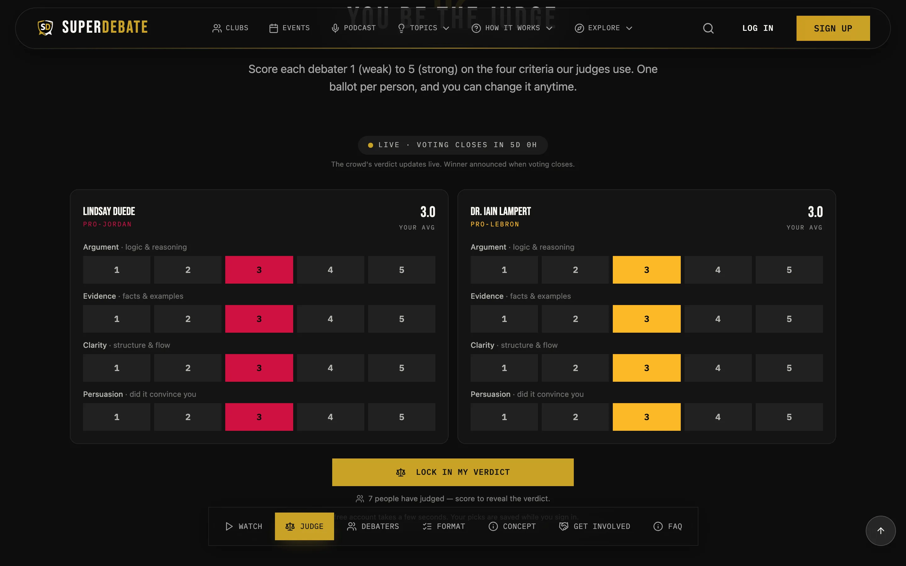 SuperDebate judging interface showing comparative scoring across debate rounds