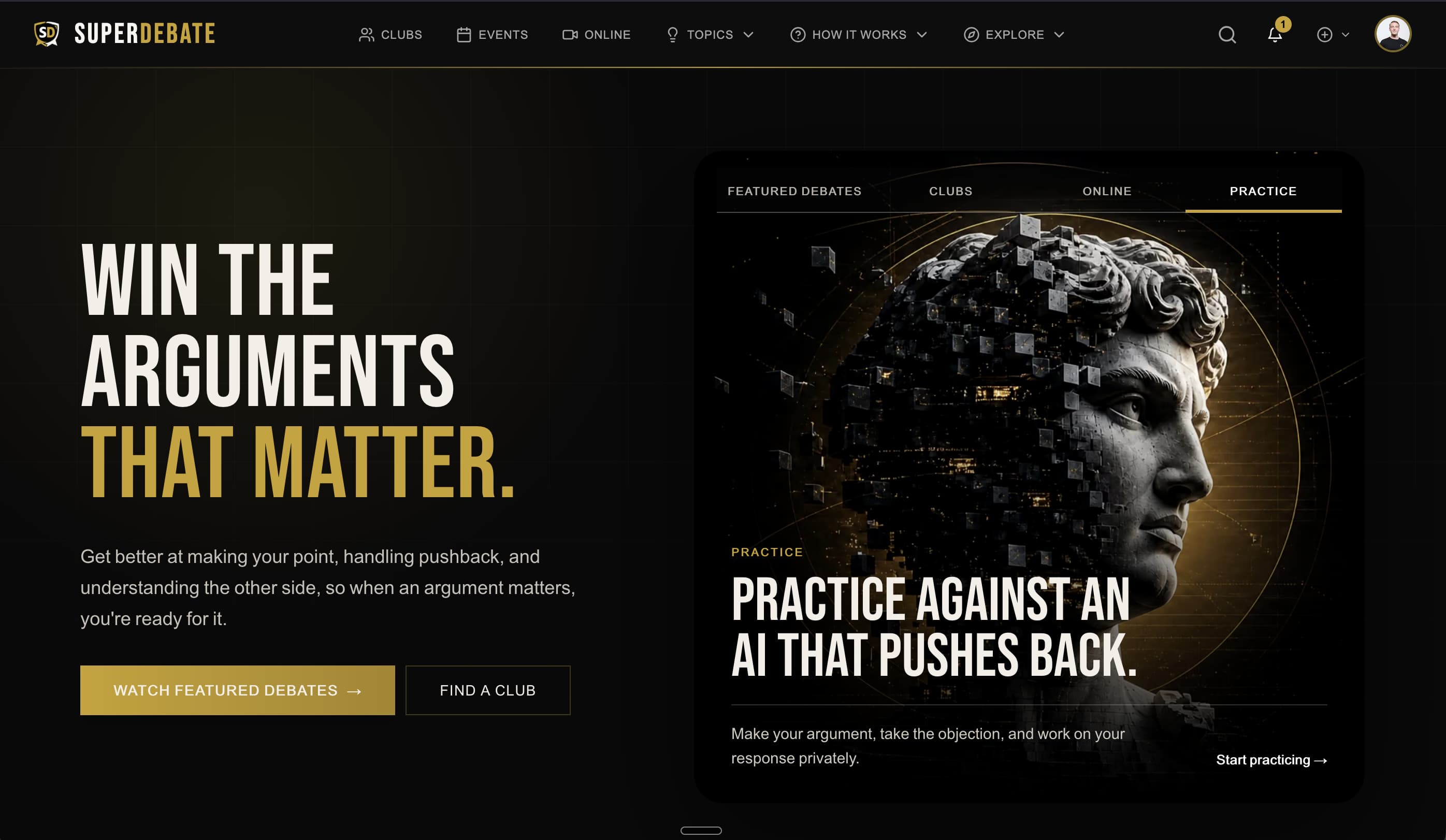SuperDebate website showing featured debate, club, online, and private AI practice entry points