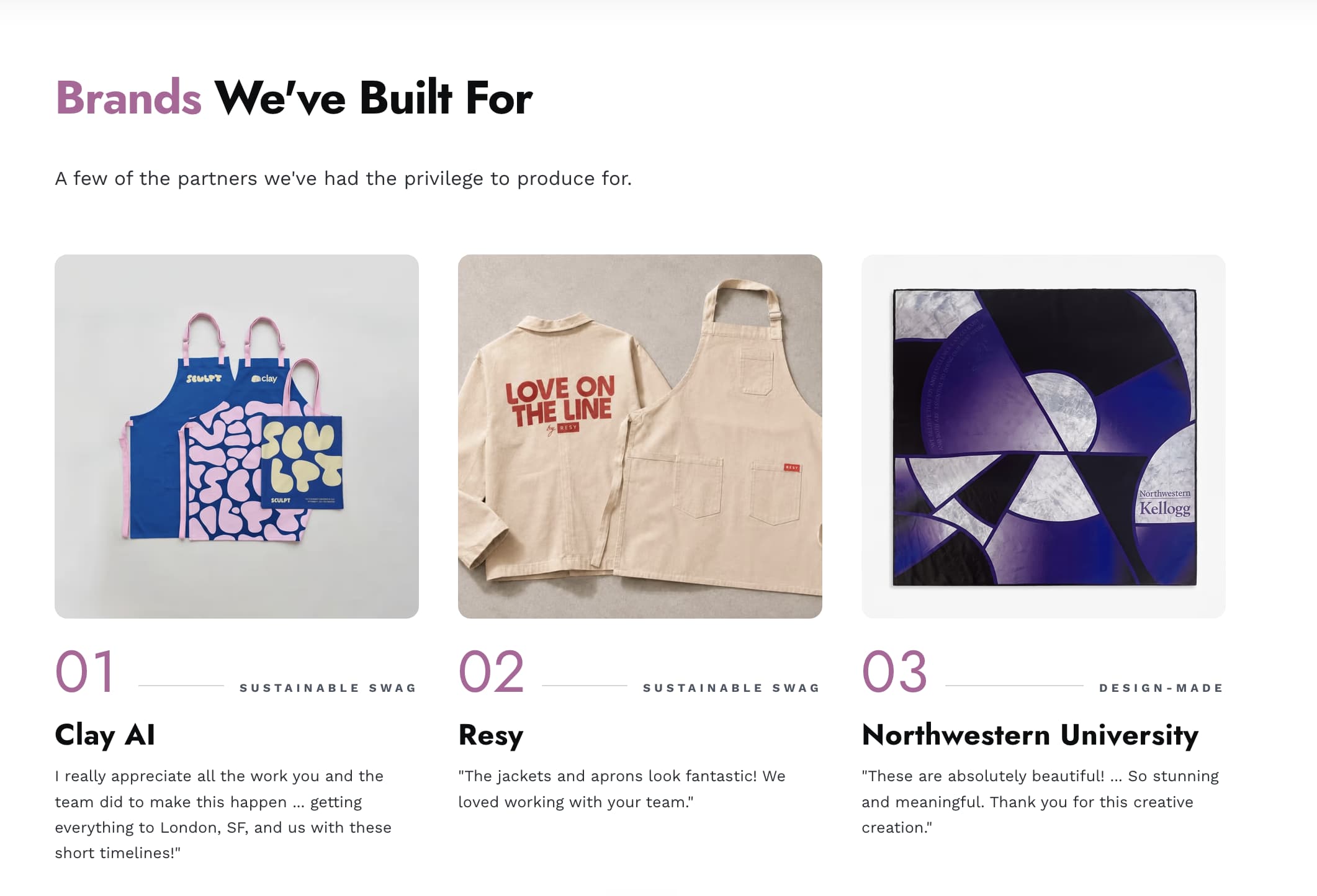 WORK+SHELTER brand-partner section showing produced goods for Clay AI, Resy, and Northwestern University