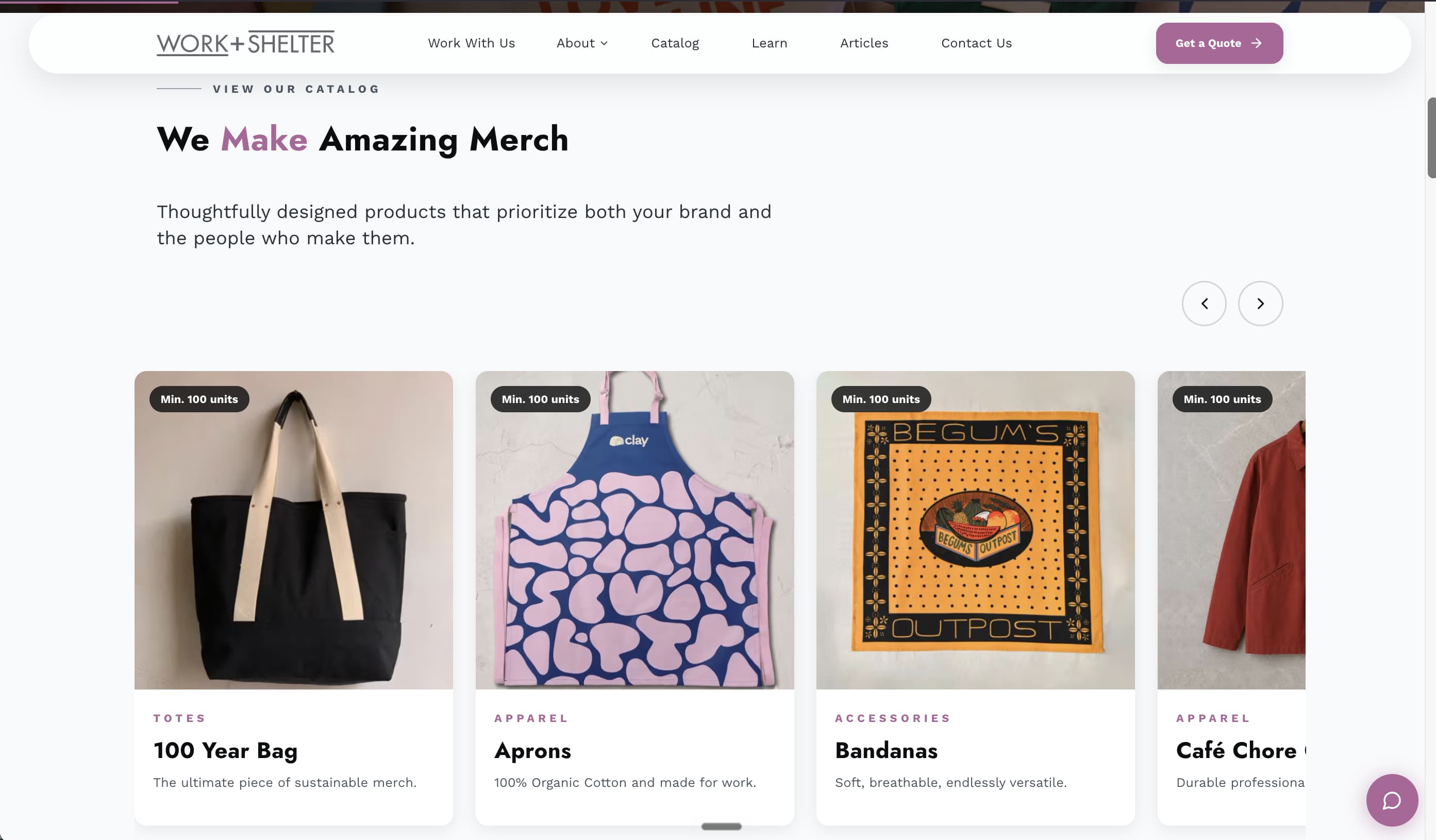 WORK+SHELTER product catalog showing totes, aprons, bandanas, and workwear with minimum quantities