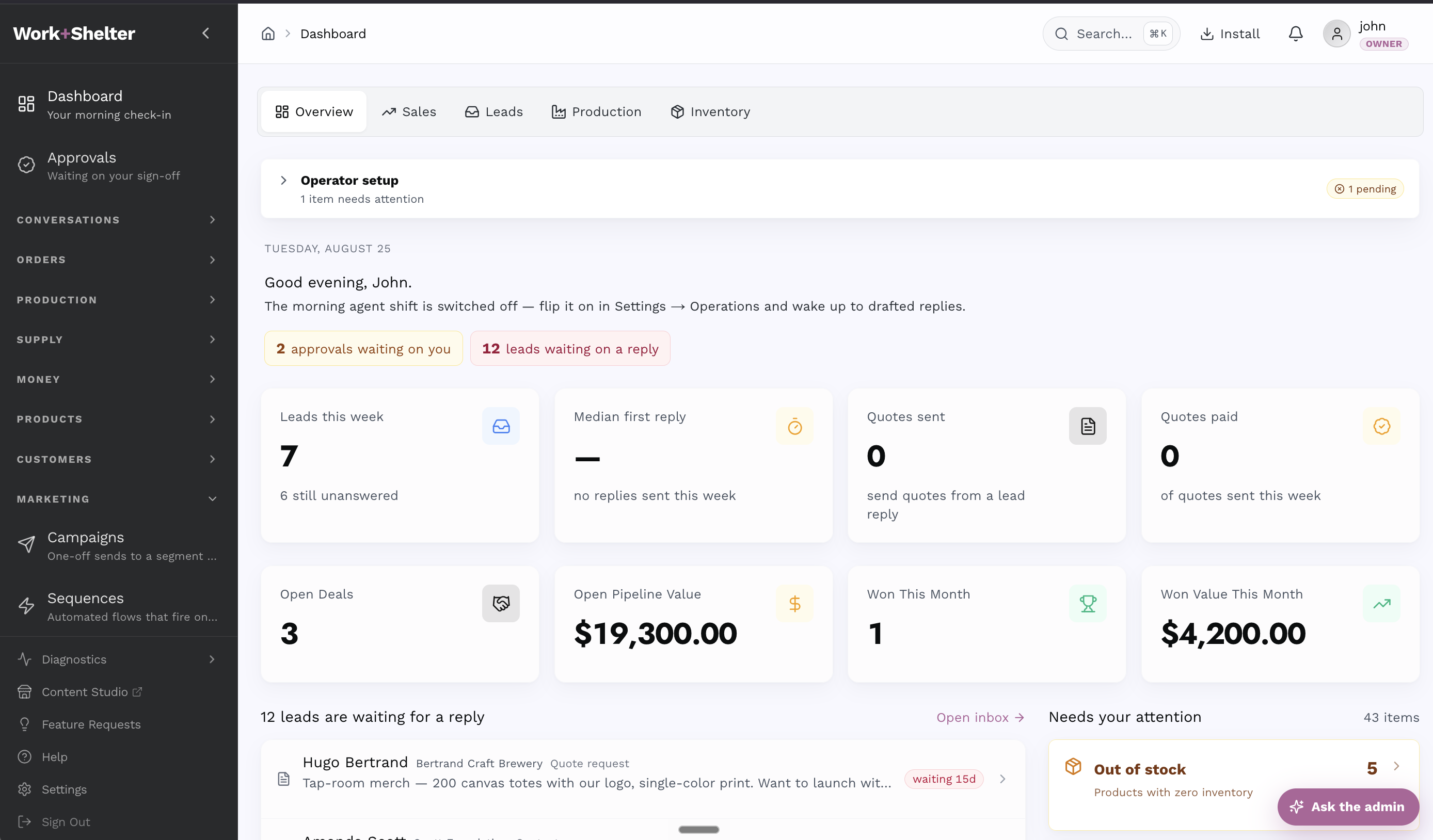 WORK+SHELTER command center dashboard showing approvals, unanswered leads, pipeline, inventory attention, and operating metrics
