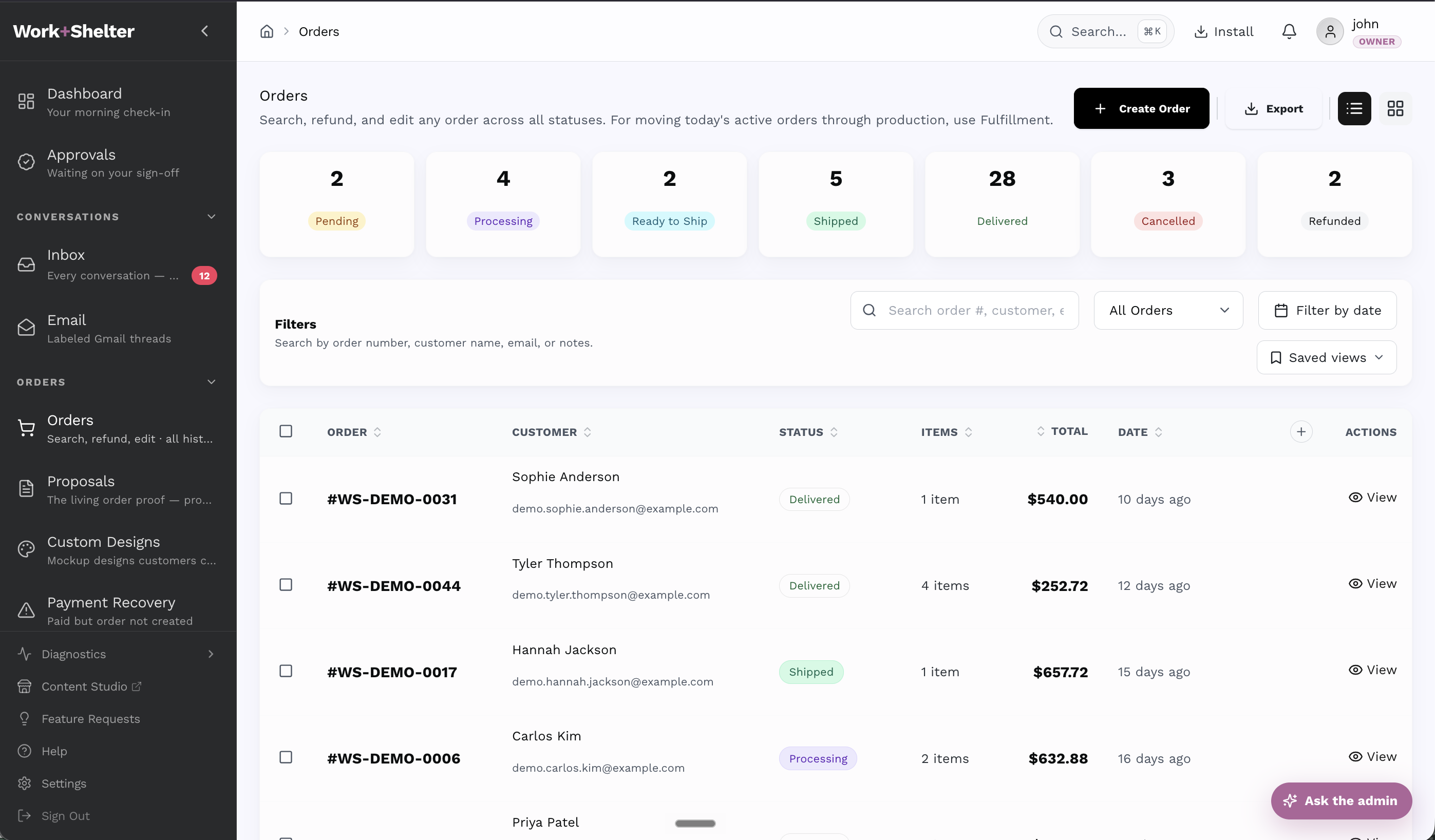 WORK+SHELTER orders workspace showing order status, fulfillment context, search, export, and order actions