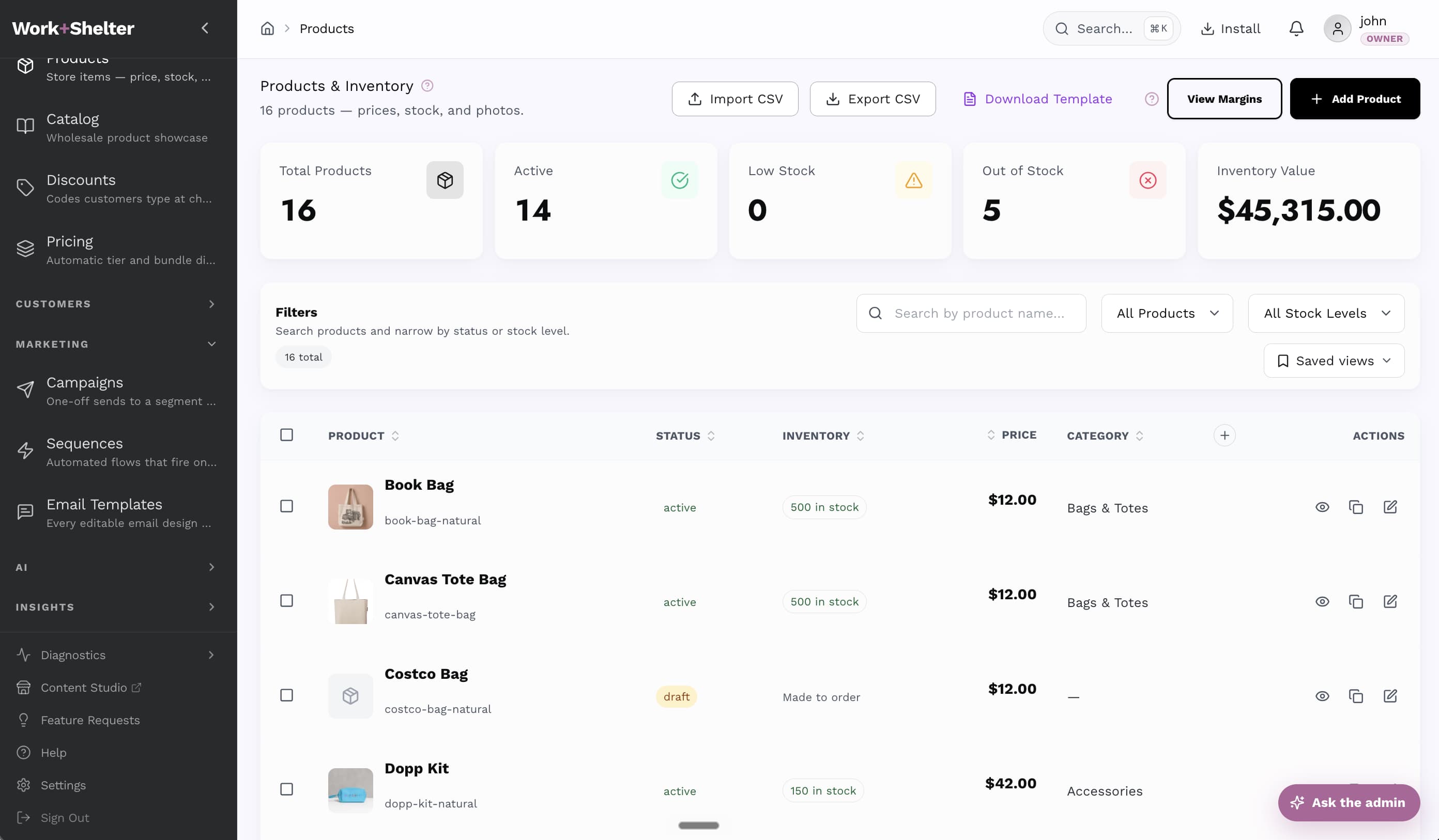 WORK+SHELTER products and inventory workspace showing stock status, pricing, CSV actions, margins, and saved views