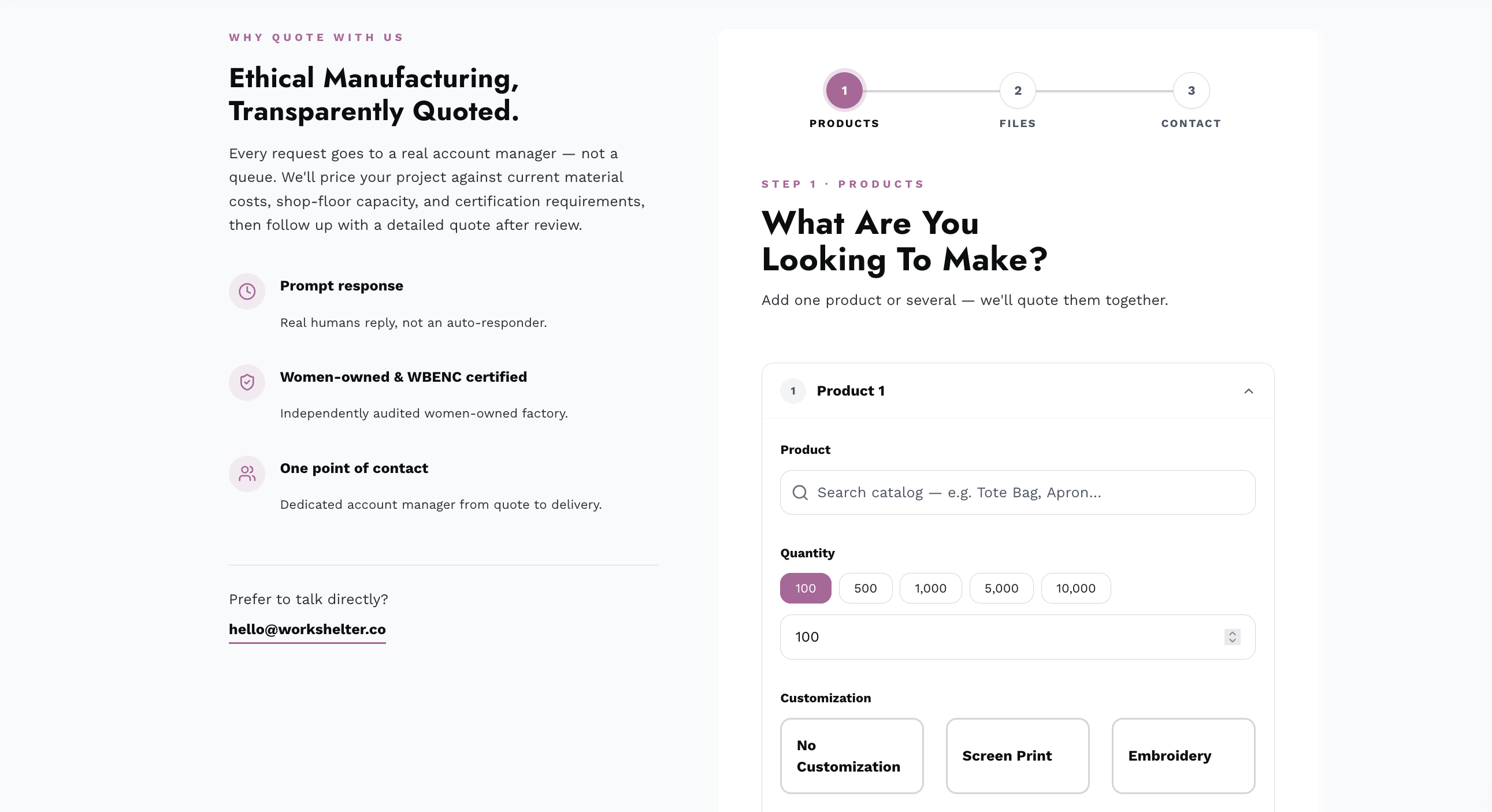 WORK+SHELTER quote experience showing product search, quantities, and customization choices
