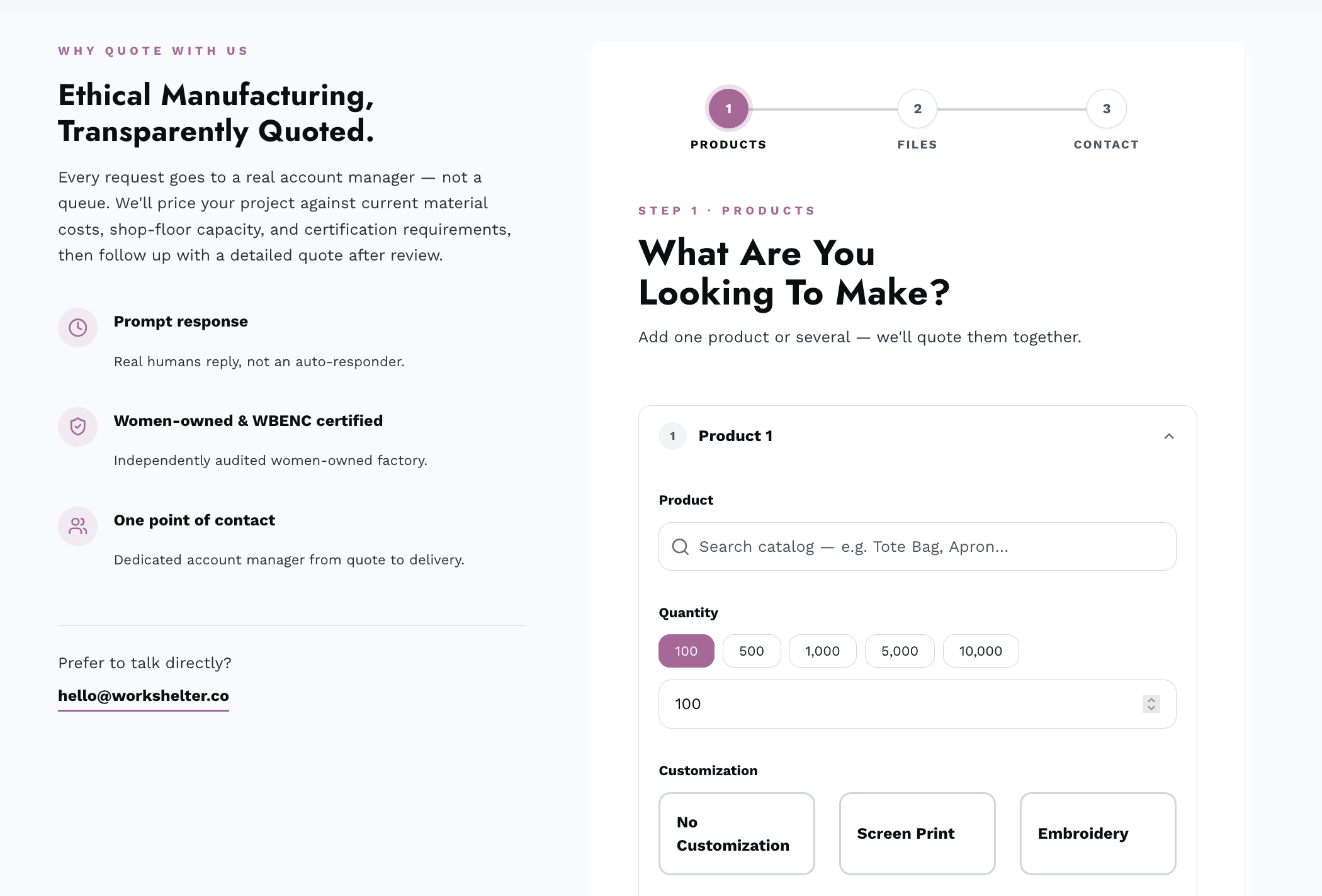 WORK+SHELTER quote experience showing its three-step process and first product request