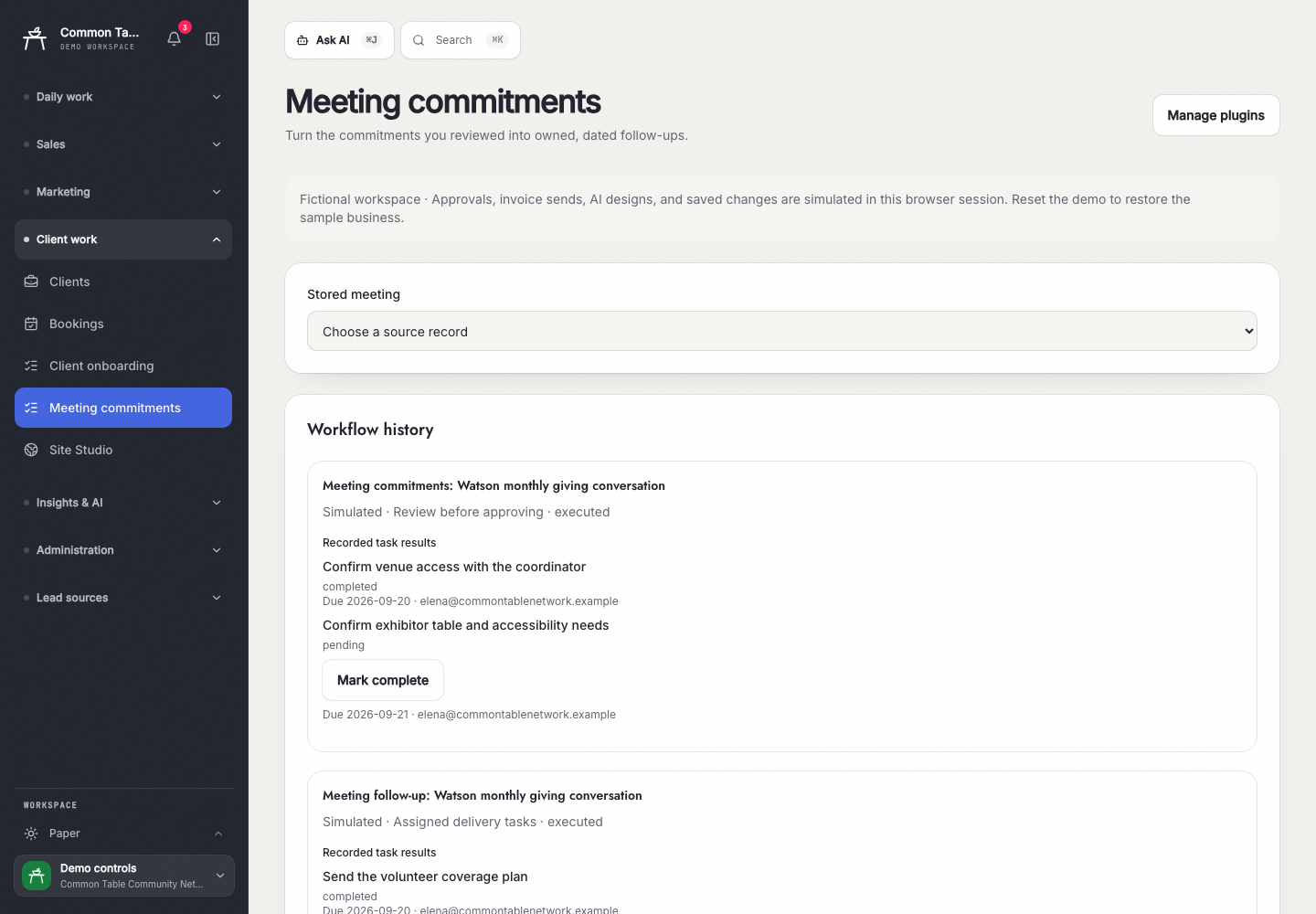 Meeting commitments in the fictional Common Table Community Network workspace.