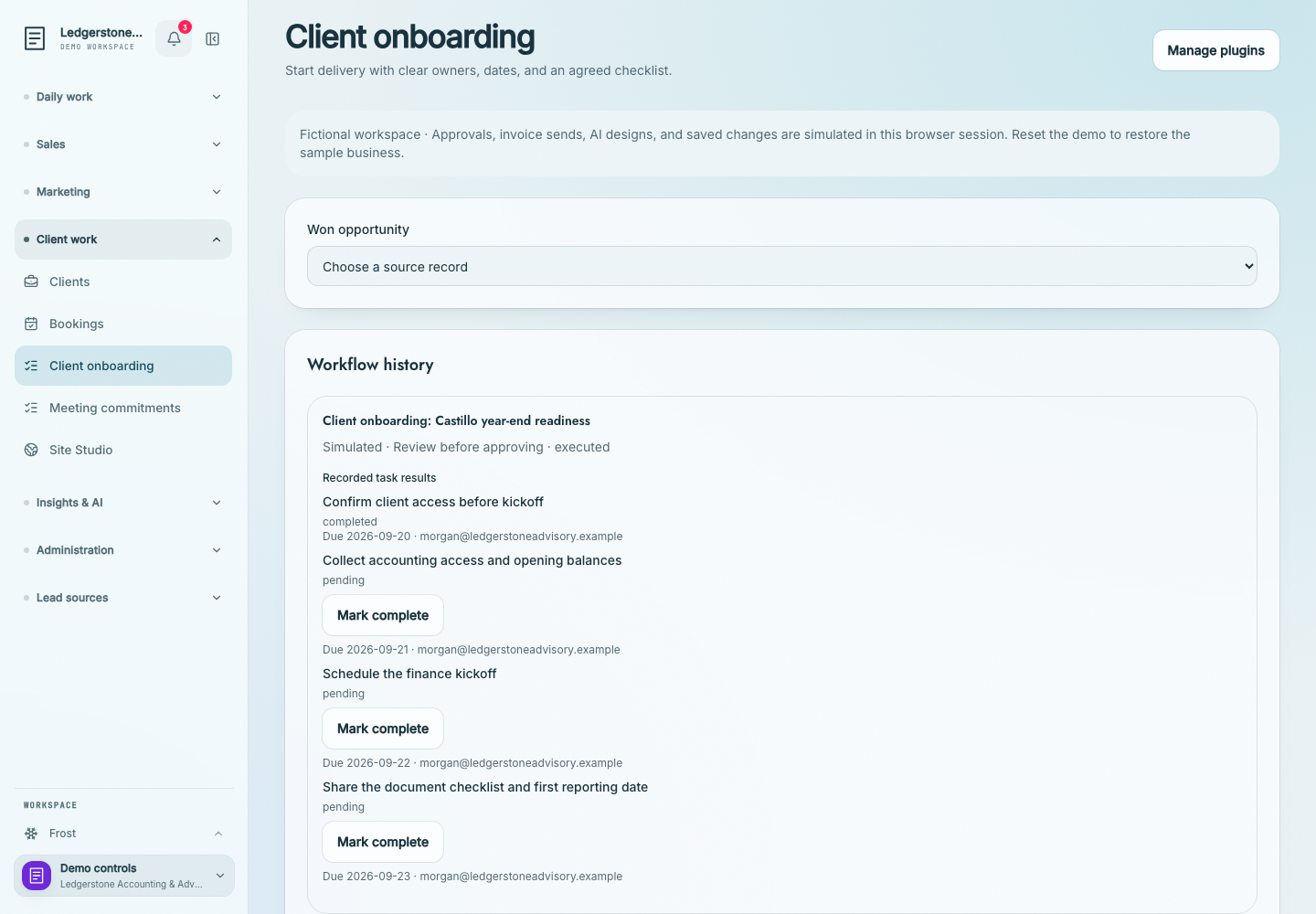 Client onboarding in the fictional Ledgerstone Accounting & Advisory workspace.